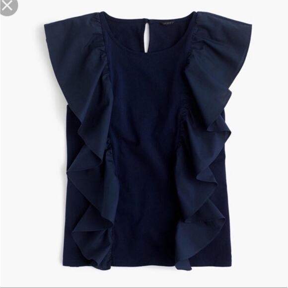 J Crew Navy Blue Ruffle Front Top G5502 Preppy Cotton Blouse Extra Small Shirt - Picture 2 of 12